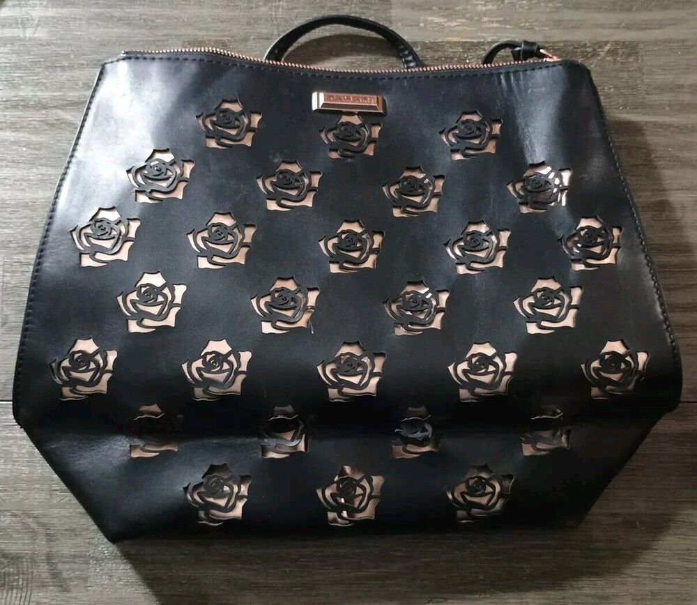 Tahari Black Rose Gold Tone Rose Cutout Faux Leather Large Bag back Pack Purse
